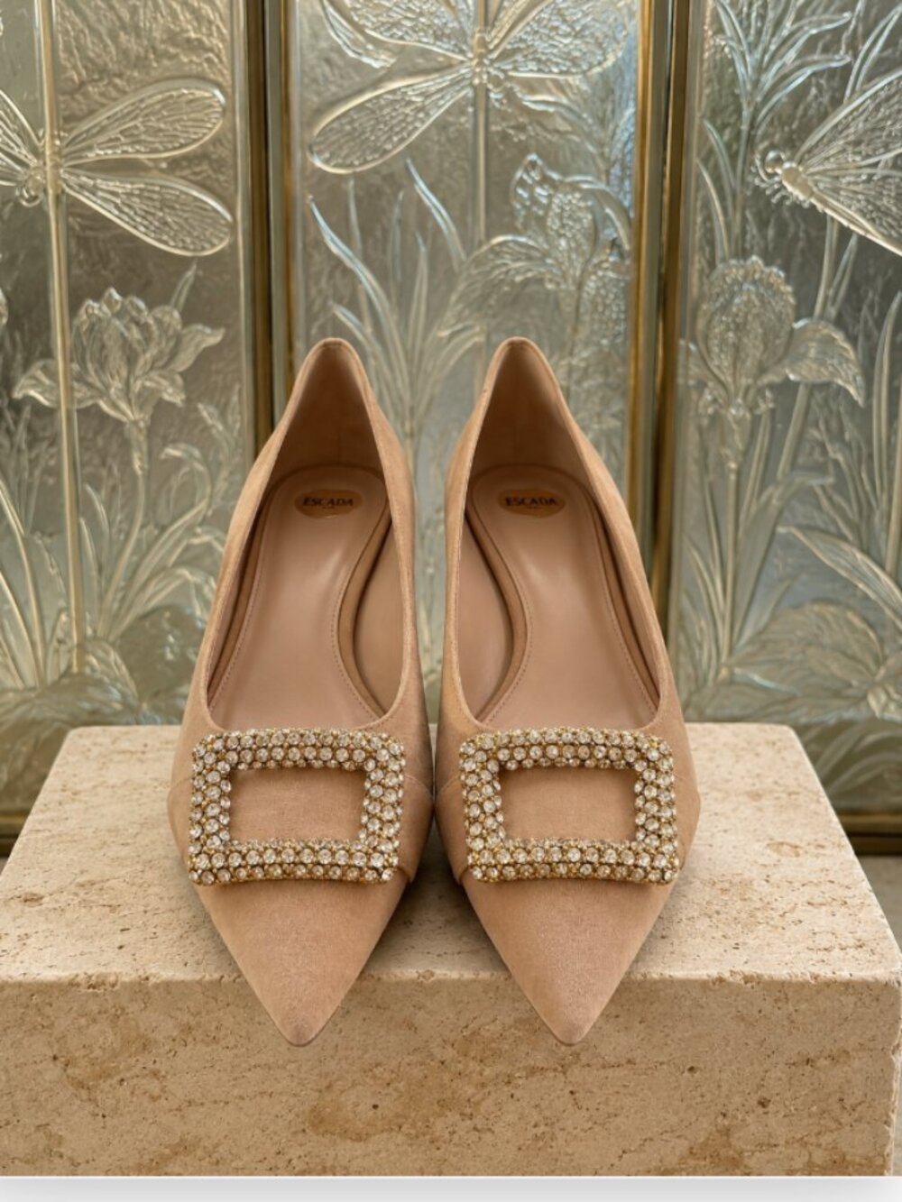 ESCADA Italy Crystal Buckle Nude Suede Pointed Toe Flats EU 38 US 8 NIB